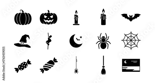 Halloween silhouette icons featuring pumpkins, spiders, bats, candy, and more festive elements
