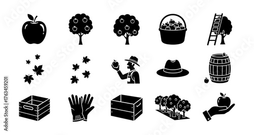 Apple harvest icons: silhouette style depicting autumn, farming, and orchard elements