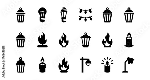 Silhouette icons of lanterns, flames, and light elements in black on white design