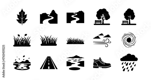 Nature and weather icons: trees, clouds, roads, and landscapes in bold silhouette style