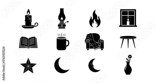 Cozy home icons: candles, lanterns, and comfort in black silhouettes