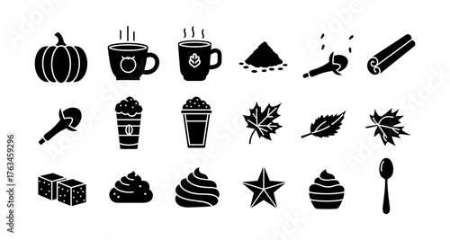 Autumn beverage icons: pumpkin, coffee, spice, seasonal leaves, and desserts in black silhouette style