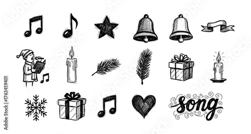 Hand drawn christmas doodles: musical notes, gifts, and seasonal icons collection
