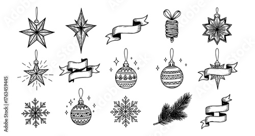 Hand drawn christmas ornaments and decorations with holiday stars and snowflakes