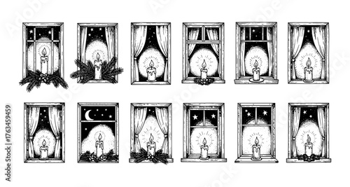 Vintage candlelit windows with curtains and stars in nighttime setting