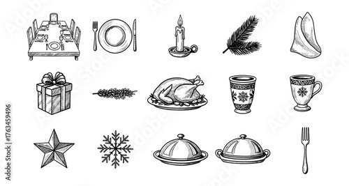 Elegant holiday dining elements in hand-drawn style with seasonal decor and festive touches