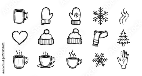 Hand drawn winter icons featuring hot beverages, apparel, and seasonal symbols