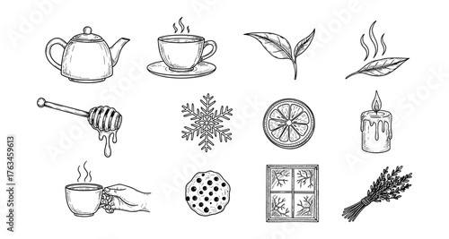Hand drawn cozy winter elements featuring tea, honey, candle, and winter symbols