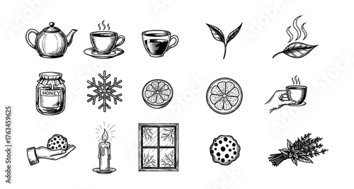 Charming hand drawn tea and cozy winter elements collection for warm ambiance