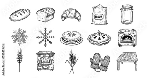 Hand-drawn bakery and kitchen elements: bread, pies, mittens, and more