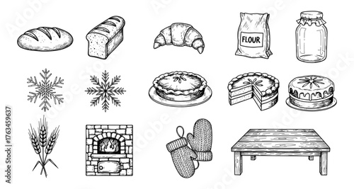 Hand drawn bakery and kitchen elements set with breads, pies, and utensils
