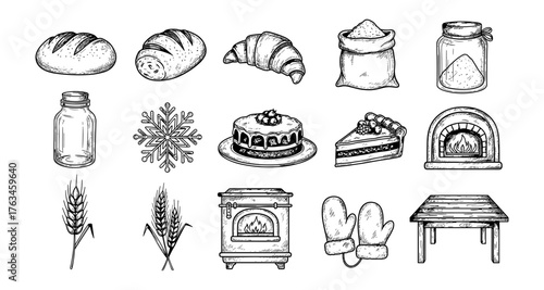 Rustic bakery elements collection with hand drawn baked goods and kitchen essentials