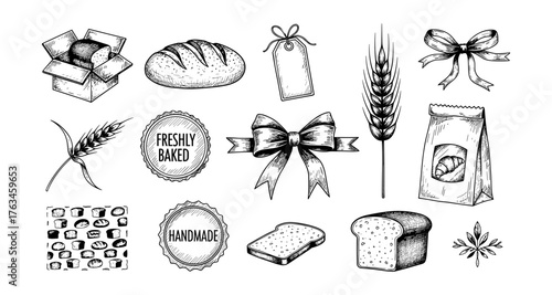 Hand drawn bakery elements with bread, wheat, and bows