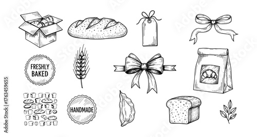 Hand drawn bakery set featuring bread, bows, and natural elements