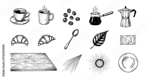 Hand drawn coffee elements collection with croissants and beans