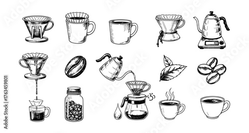 Hand-drawn coffee brewing tools and elements for perfect coffee making