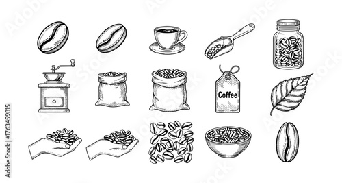 Hand drawn coffee set: beans, cups, and accessories in vintage style