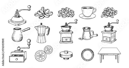 Vintage coffee set with hand drawn grinders, cups, and coffee beans