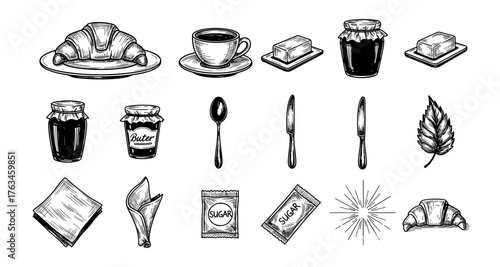 Vintage breakfast elements set with croissant and jam
