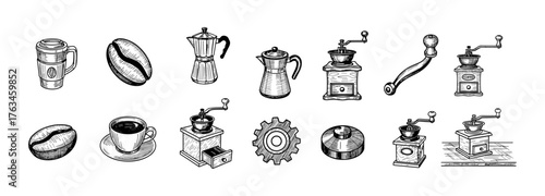 Vintage coffee tools collection: hand drawn mugs, grinders, and beans