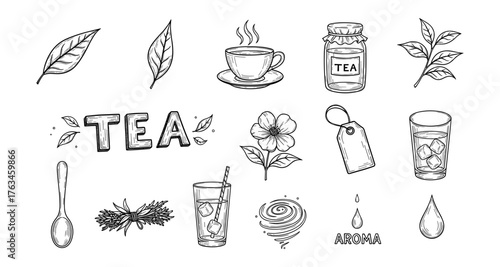 Hand-drawn tea elements set with leaves, flowers, and glasses