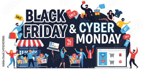 Black friday and cyber monday shopping extravaganza with happy shoppers