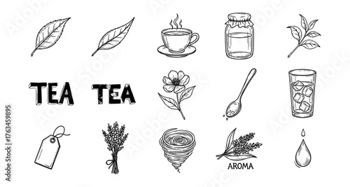 Hand drawn tea elements: leaves, flowers, and beverages in black and white design