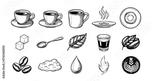 Hand drawn coffee elements collection with cups, beans, and leaves in black and white