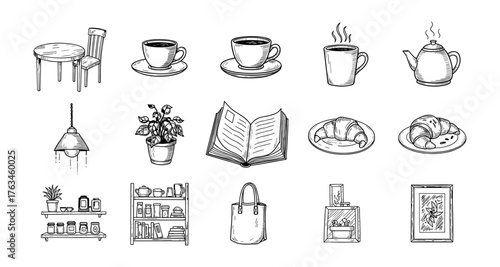 Hand-drawn cafe essentials: furniture, food, and decor in vintage style