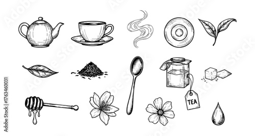 Hand drawn tea elements: teapot, leaves, cup, floral decor, and more