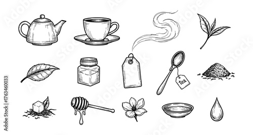 Hand drawn tea elements collection with teapot, cup, leaves, and honey