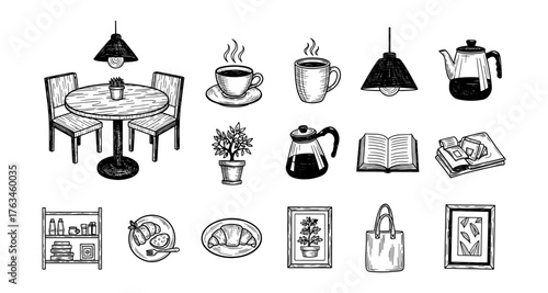 Hand drawn coffee shop elements with furniture, plants, and kitchenware in black and white