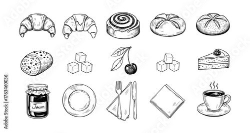 Hand drawn bakery items and cafe essentials with coffee and pastry icons in ink style