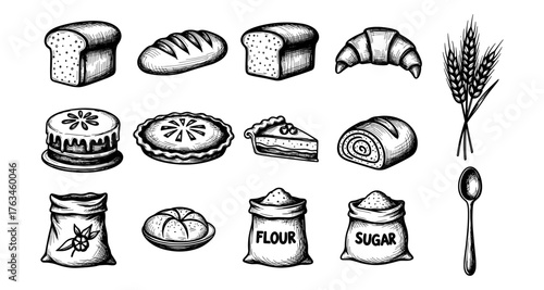 Hand-drawn bakery elements: artisan bread, pastries, and ingredients for culinary designs