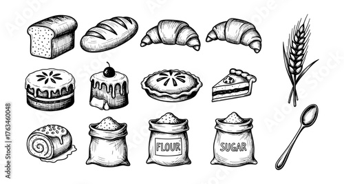 Hand drawn bakery and baking ingredients: bread, pastries, and baking essentials