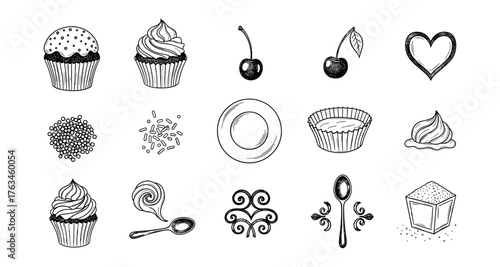 Hand drawn dessert and baking icons: cupcakes, sweets, and more in black and white