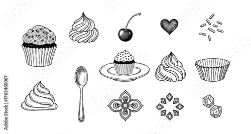 Hand drawn dessert elements with cupcakes, whipped cream, and decorative accents