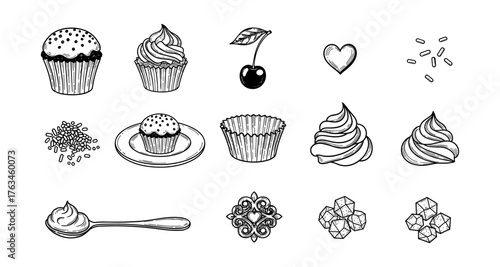 Hand drawn dessert elements: cupcakes, swirls, and decorative accents collection