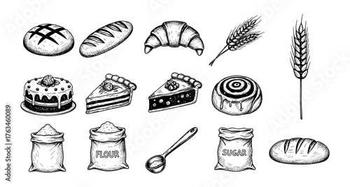 Hand drawn bakery collection featuring bread, cakes, and baking ingredients