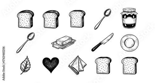 Vintage breakfast elements with bread, butter, and kitchen utensils sketch