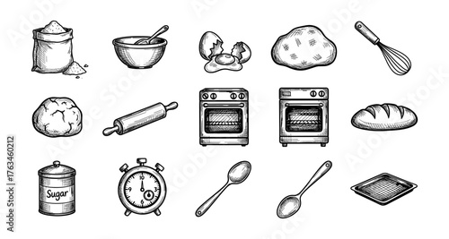 Hand drawn baking elements set with ingredients and utensils sketch
