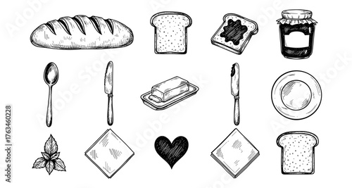 Hand drawn bread and breakfast items: toast, butter, and jam collection