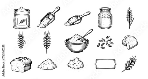 Hand drawn bakery elements with flour, wheat, and bread icons