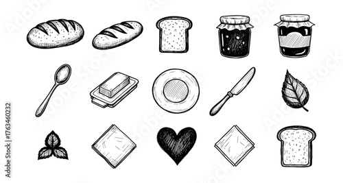 Hand drawn breakfast elements: bread, jam, and kitchen utensils set