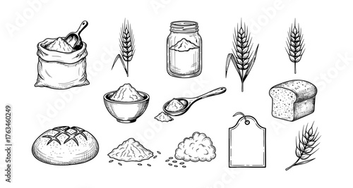 Hand drawn bread and flour elements with wheat and baking tools