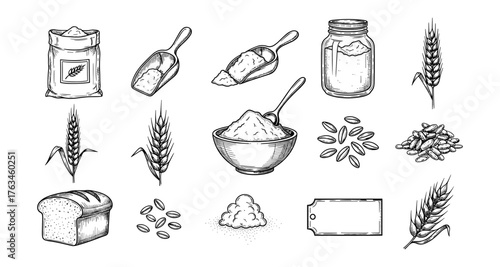 Hand drawn baking ingredients and wheat elements set