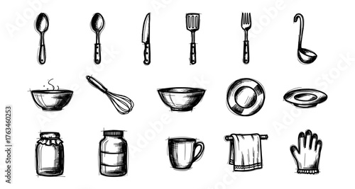 Hand drawn kitchen utensils and tableware collection in black and white