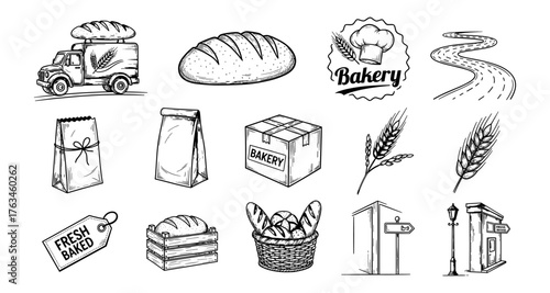 Hand drawn bakery elements: breads, truck, and wheat icons in black and white