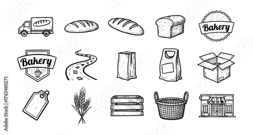 Hand drawn bakery icon set with bread, delivery truck, and packaging elements
