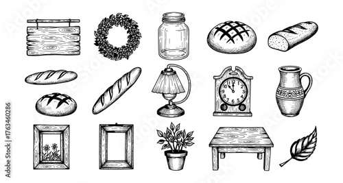 Vintage hand drawn collection featuring bakery, home decor, and nature elements